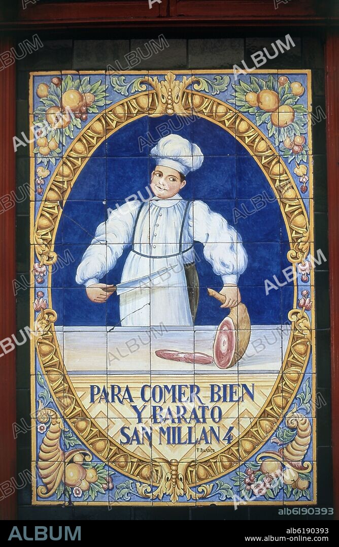 AZULEJO PUBLICITARIO EN EL RASTRO DE MADRID - PARA COMER BIEN Y BARATO SAN MILLAN 4.