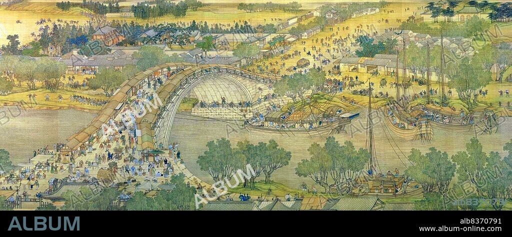 'Along the River During the Qingming Festival' is a painting by the Song dynasty artist Zhang Zeduan (10851145). It captures the daily life of people and the landscape of the Northern Song capital, Bianjing, today's Kaifeng. The theme is said to celebrate the festive spirit and worldly commotion at the Qingming Festival, rather than the holiday's ceremonial aspects, such as tomb sweeping and prayers.<br/><br/>. Successive scenes reveal the lifestyle of all levels of the society from rich to poor as well as different economic activities in rural areas and the city, and offer glimpses of period clothing and architecture. The scroll is 25.5 centimetres (10.0 inches) in height and 5.25 meters (5.74 yards) long. In its length there are 814 humans (of whom only 20 are women), 28 boats, 60 animals, 30 buildings, 20 vehicles, 8 sedan chairs, and 170 trees. The countryside and the densely populated city are the two main sections in the picture, with the river meandering through the entire length.<br/><br/>. The original painting is the most celebrated work of art from the Song dynasty. Due to this high artistic reputation, it has inspired several works of art that revived and updated the style of the original. The version presented here was made by five Qing dynasty court painters (Chen Mu, Sun Hu, Jin Kun, Dai Hong and Cheng Zhidao) and presented to the Qianlong Emperor on January 15, 1737.<br/><br/>. There are many more people, over 4,000, in the Qing remake, which also is much larger (at 11 metres by 35 cm, or 37 ft by 1 ft). The full scroll should be viewed from right to left.