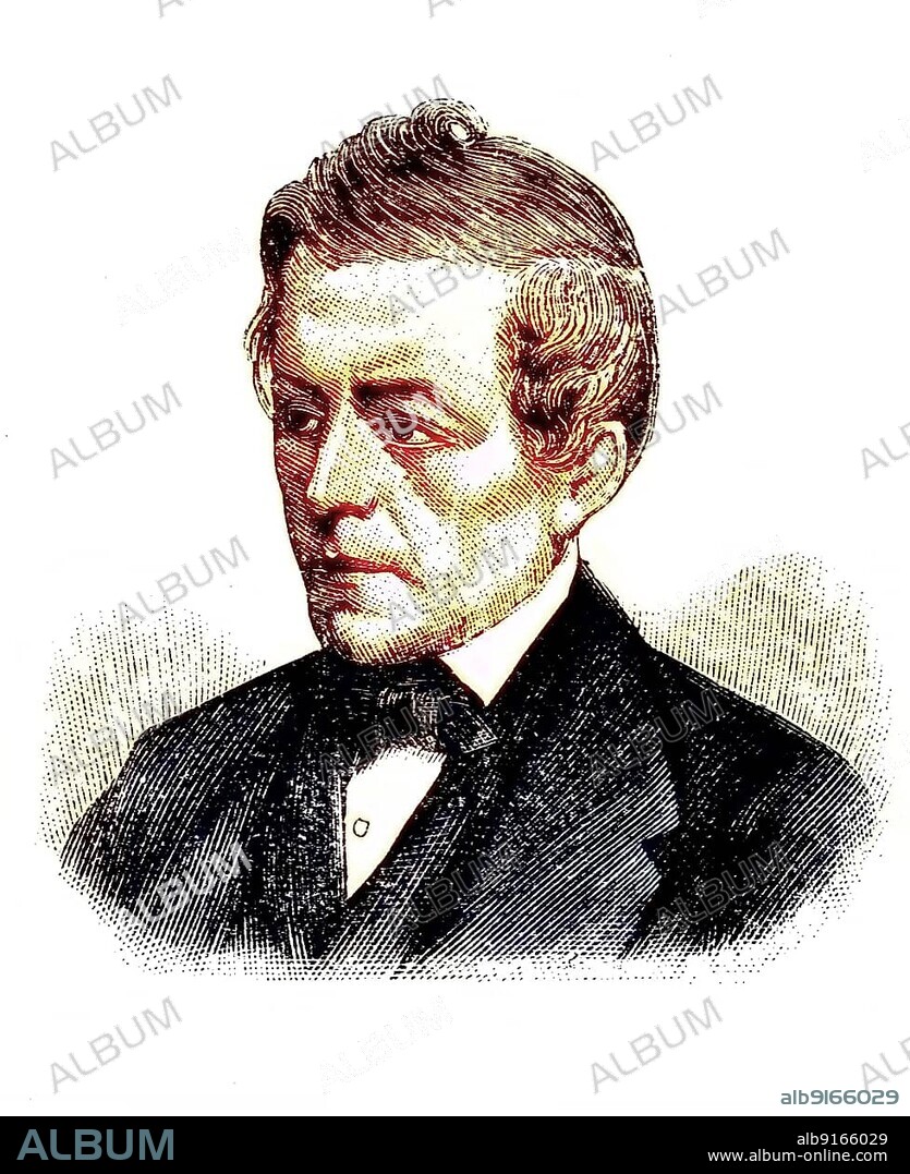 David Friedrich Strauss, 1808 to 1874, a German writer, philosopher and theologian, historical wood engraving, ca. 1880, digitally restored reproduction of a 19th century original, exact original date unknown, coloured.