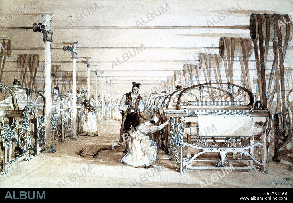 Metiers a tisser mecaniques et a vapeur, innovation anglaise permettant au Royaume Uni d'etre la premiere puissance textile. A gauche une courroie de transmission relie le metier a une machine a vapeur. Filatures de coton en Angleterre, travail des femmes et des enfants dans les manufactures , industrie textile. Aquarelle ou lavis debut 19eme siecle, 1834, grande-bretagne. Swainson Birley Cotton Mill near Preston, Lancashire. Credit : Collection SSPL/KHARBINE-TAPABOR.