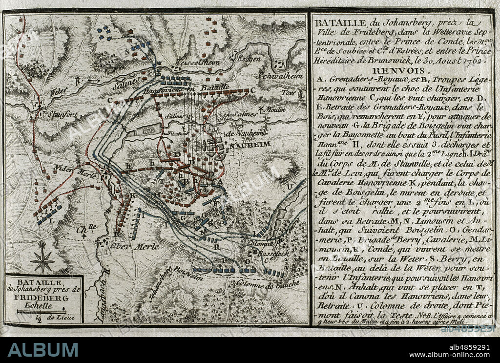 JEAN DE BEAURAIN (1696-1771). FRENCH GEOGRAPHER.. Seven Years War (1756-1763). Map of the Battle of Johannisberg, 1762 (August 30, 1762). French forces led by Louis Joseph, Prince of Conde, defeated Hanoverian and British army under the command of Duke Ferdinand of Brunswick. Published in 1765 by the cartographer Jean de Beaurain (1696-1771) as an illustration of his Great Map of Germany, with the events that took place during the Seven Years War. Allied army in red and the French army in blue. Etching and engraving. French edition, 1765. Military Historical Library of Barcelona (Biblioteca Histórico Militar de Barcelona). Catalonia. Spain.