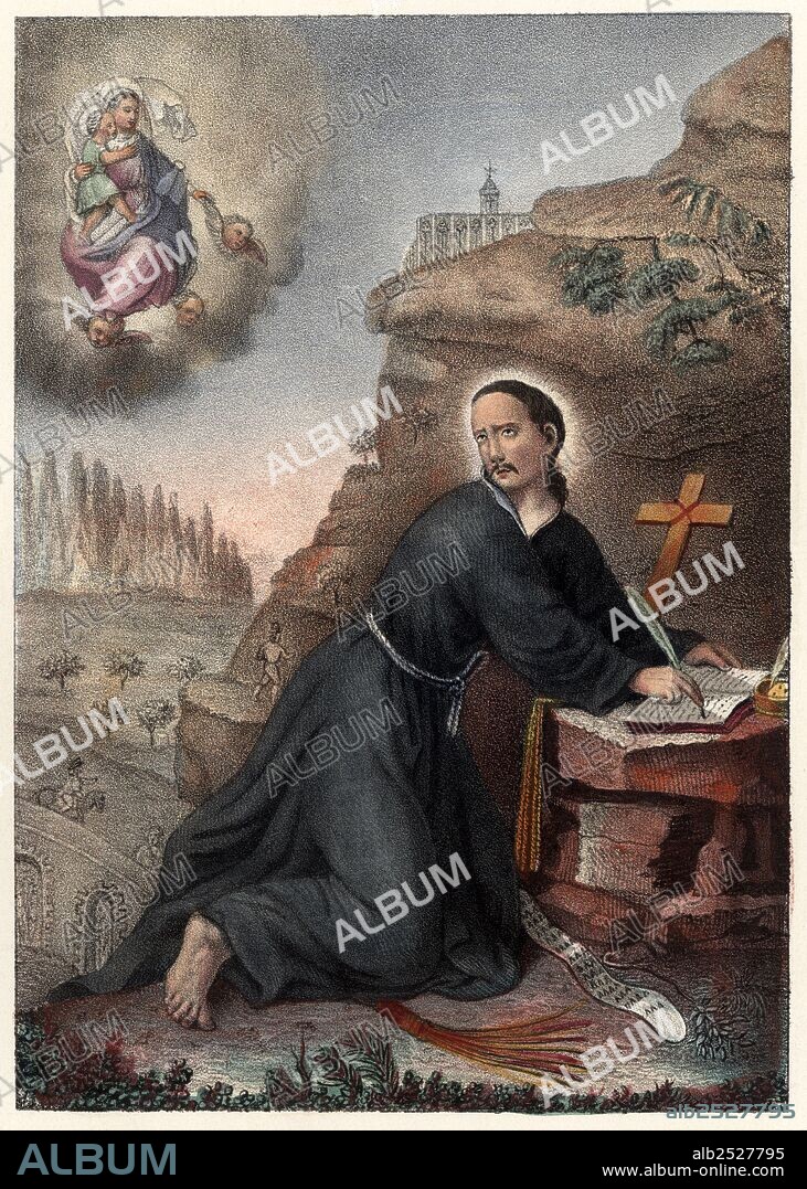 San Ignacio de Loyola (1491-1556), militar y eclesiástico español fundador de la compañía de Jesús. San Ignacio de Loyola funador de la compañía de Jesús. Copia del bajorrelieve en la Santa Cueva de Manresa. Grabado de 1840.