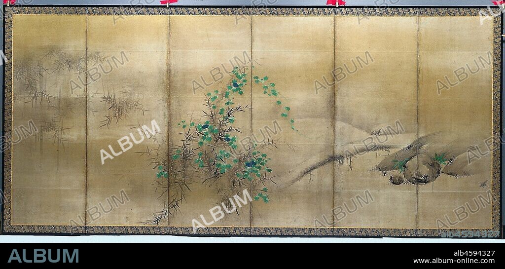 Winter and Summer Flowers, c. 1600. Kaiho Yusho is considered one of the three individualist master painters of the Momoyama era. He executed numerous byobu and fusama-e (sliding door panel paintings) for Kyoto's most prestigious Zen monasteries. These byobu are noteworthy for their joining of patently Chinese subject matter (the aged pine) with Japanese imagery (morning glory) and themes (the seasons and human travel) in one composition.