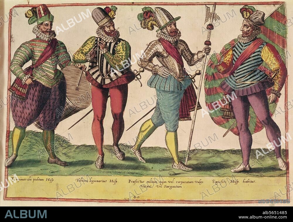 ANONYMOUS. Military / Spain. Spanish soldier uniforms. Engraving, coloured. From a book on dress, Antwerp 1581.