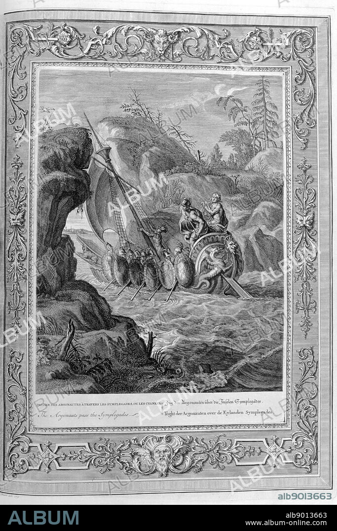 In Greek mythology, Argo was the ship on which Jason and the Argonauts sailed from Iolcos to Colchis to retrieve the Golden Fleece. Engraving depicting Jason and the Argonuats. Engraved illustration from 'The Temple of the Muses', 1733. This book represented remarkable events of antiquity drawn and engraved by Bernard Picart (1673-1733).