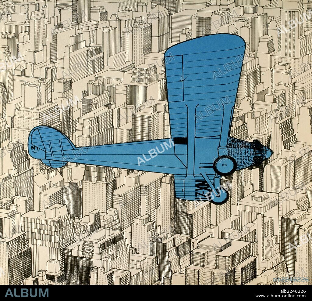 HISTORIA DE LA AVIACION. SIGLO XX. "SPIRIT OF ST. LOUIS". Monoplano con el que el aviador norteamericano de origen sueco Charles LINDBERGH (1902-1974) cruzó por primera vez el Atlántico (de Long Island a París) en 33 horas 30 minutos entre los días 20 y 21 de mayo de 1927. "EL SPIRIT OF SAINT LOUIS DE LINDBERGH EN VUELO". Dibujo.