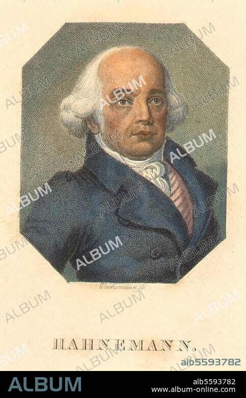 Hahnemann, Samuel médecin, fondateur de l'homéopathie Meissen 10.4.1755 - Paris 2.7.1843. Portrait. Pointillé, vers 1820, d'Anton Wachsmamm. (vers 1765 - 1836). 8,5 × 6,7 cm. Berlin, Sammlung Archiv für Kunst und Geschichte.