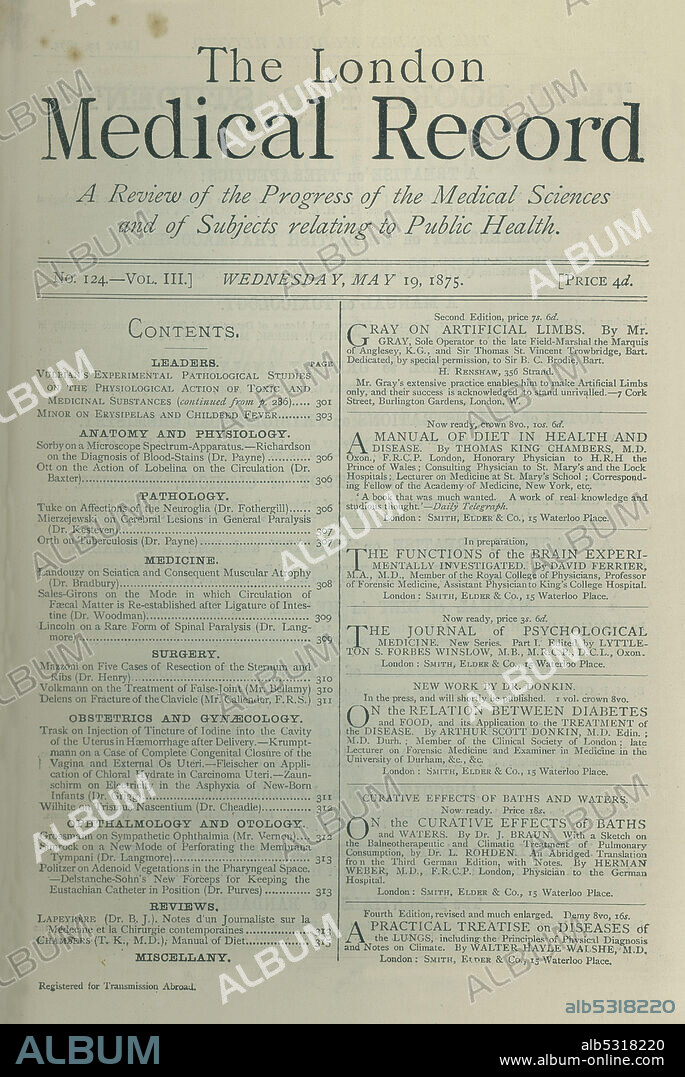 Inglaterra. Portada del periódico The London Medical Record, editado en Londres, mayo de 1875.