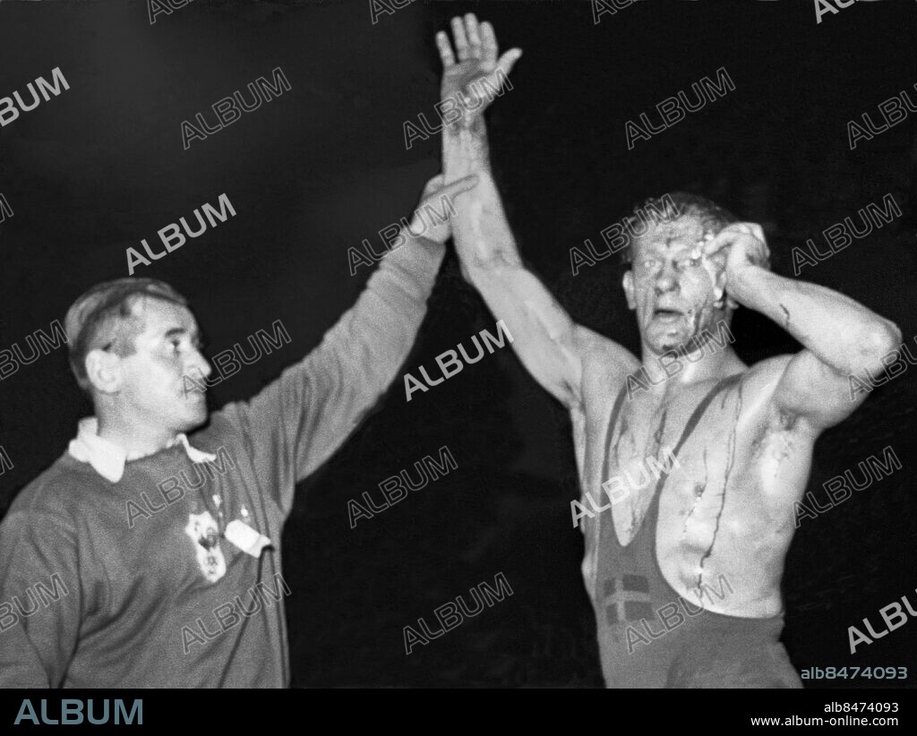 ARKIV 1948 . Svensken Gösta Andersson segrade i brottning grekisk-romersk stil 73 kilo vid OS i London 1948.. Gösta Andersson from Sweden won a gold medal in wrestling at the Olympics in London 1948.. Foto: TT / Kod 1900.