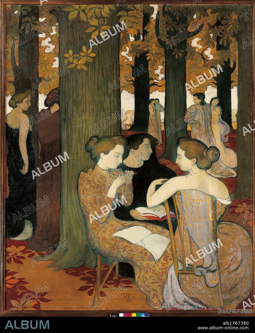 The Muses (or Sacred Wood), by Maurice Denis, 1893, 19th Century, oil on canvas, cm 171,5 x 137,5. France, Ile de France, Paris, Muse dOrsay. All. Muse wood sacred leaf tree trunk brown chair.