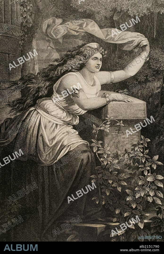 Princesa irlandesa ISOLDA. Personaje de una leyenda del ciclo arturiano. Conocida también como "La blonda". Grabado extraido del cuadro de Teodoro Biris. Grabado por A. Schurufter. "La Ilustración", 1884.