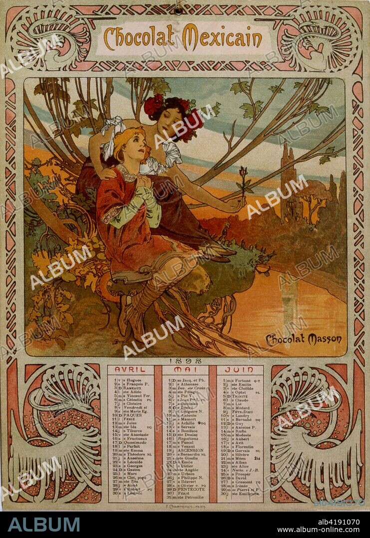 ALPHONSE MUCHA. Chocolate Masson calendar illustrated by Mucha (1860 – 1939). a Czech Art Nouveau painter.