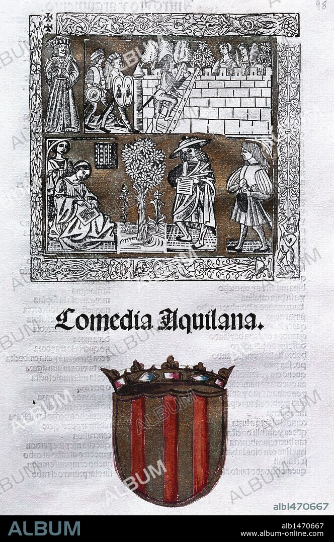 LITERATURA CASTELLANA. Siglos XV-XVI TORRES NAHARRO, Bartolomé de (muerto en Badajoz en 1524?). Dramaturgo español que escribió poesías y comedias, según la escuela castellana. "COMEDIA AQUILANA". Portada de la edición de 1517.