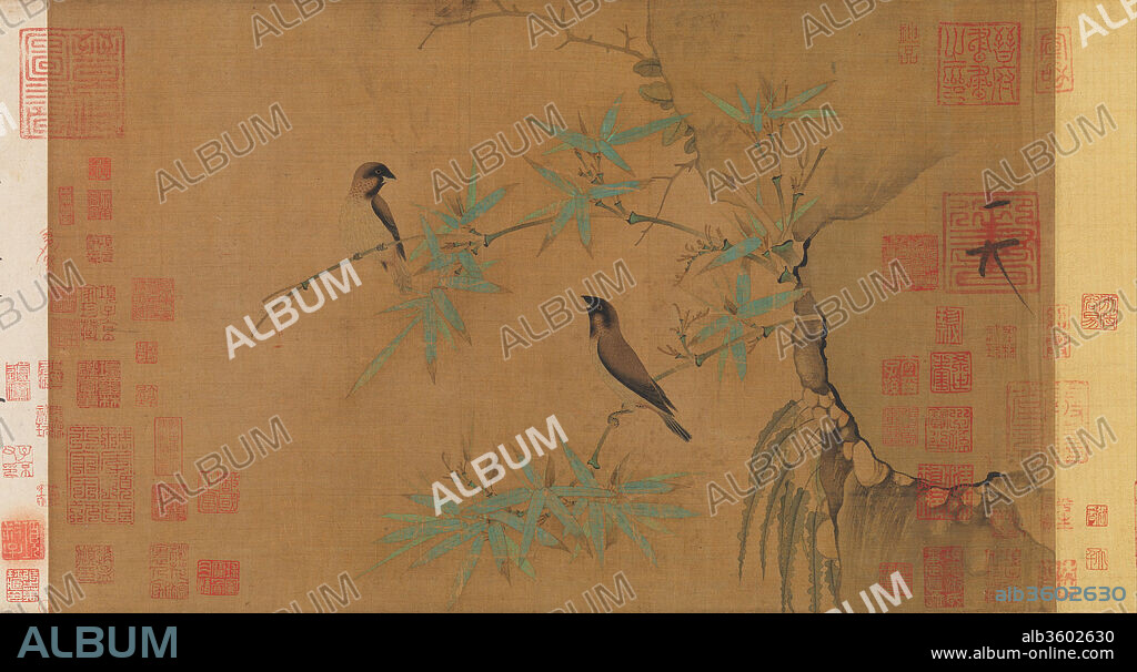 Finches and bamboo. Artist: Emperor Huizong (Chinese, 1082-1135; r. 1100-25). Culture: China. Dimensions: Image: 13 1/4 × 21 13/16 in. (33.7 × 55.4 cm)
Overall with mounting: 13 3/4 in. × 27 ft. 6 5/16 in. (34.9 × 839 cm). Date: early 12th century.
Huizong was the eighth emperor of the Song dynasty and the most artistically accomplished of his imperial line. Finches and Bamboo exemplifies the realistic style of flower-and-­bird painting practiced at Huizong's academy. Whether making a study from nature or illustrating a line of poetry, however, the emperor valued capturing the spirit of a subject over literal representation. Here the minutely observed finches are imbued with the vitality of their living counterparts. Drops of lacquer added to the birds'eyes impart a final lifelike touch.