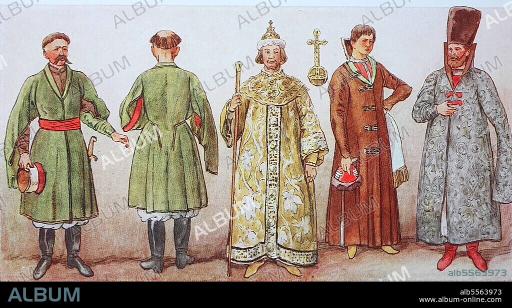 Fashion, clothing in Russia in the 16th 17th century, from the left, twice a fine Cossack in a robe of honour, then a tsar in a coronation robe, then two boyars, digital improved reproduction after an original from 1900.