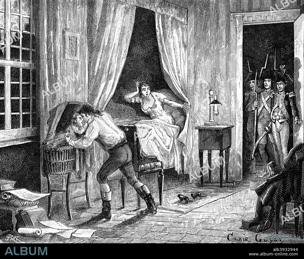 The arrest of Camille Desmoulins, 31st march 1794 (1882-1884). Camille Desmoulins (1760-1794) was a French journalist and politician who played an important role in the French Revolution. He became a close associate of Georges Danton and shared his downfall at the hands of Maximilien Robespierre. Both were arrested and executed by guillotine in 1794 during the Reign of Terror. Desmoulins' wife was also executed. A print from La France et les Français à Travers les Siècles, Volume III, F Roy editor, A Challamel, Saint-Antoine, 1882-1884.