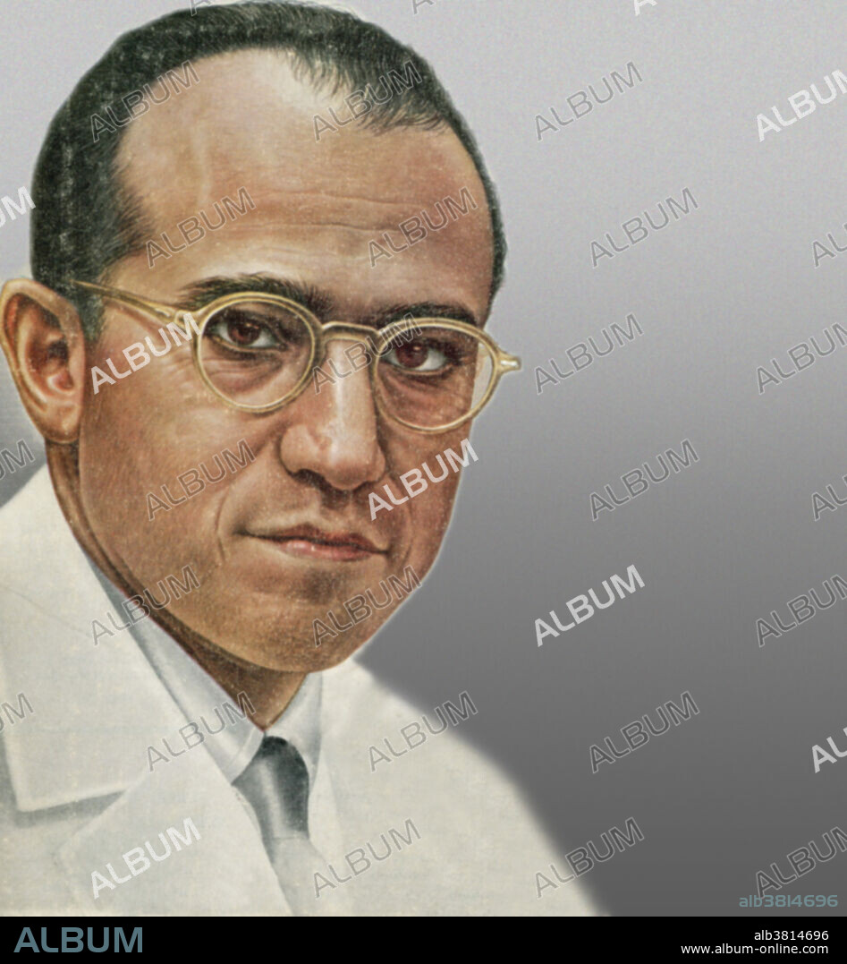 Jonas Edward Salk. The American microbiologist Jonas Edward Salk (b.1914). In the 40s, other microbiologists such as the American Enders had developed new techniques to produce cultures of polio virus in quantities adequate for experimentation. This enabled Salk to obtain in 1952 a vaccine which he tried with success on children who had recovered from polio. He then tried it, again with success, on children without a history of polio and by 1955 the vaccine was prepared for worldwide distribution. Together with the vaccine obtained by the American microbiologist Sabin in 1957, the incidence of poliomyelitis was reduced by the end of the 1960s. This illustration is based on a TIME magazine cover circa 1954.