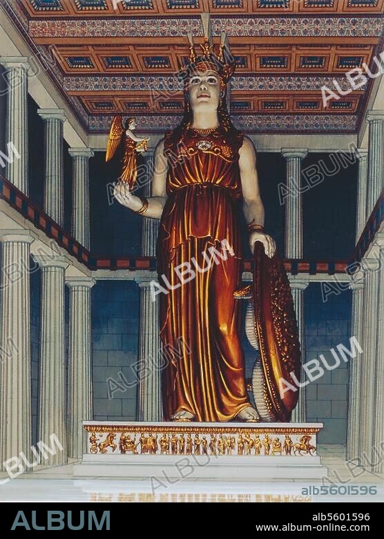 after: Phidias, c. 500 BC - after 438 BC. Reconstruction of Athena Parthenos by Phidias, 447 BC, inside the Parthenon on the Acropolis, Athens). Watercolour, 1998, by Peter Connolly. (1935-2012). From the series: The Ancient City.