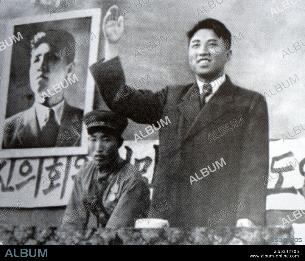 Kim Il Sung offers greetings to voters at the rally in honor of the first elections, North Korea, October 16, 1947.