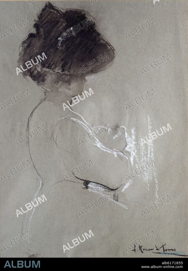 JULIO ROMERO DE TORRES. MUJER CON SOMBRERO - DIBUJO - SIGLO XIX/XX.