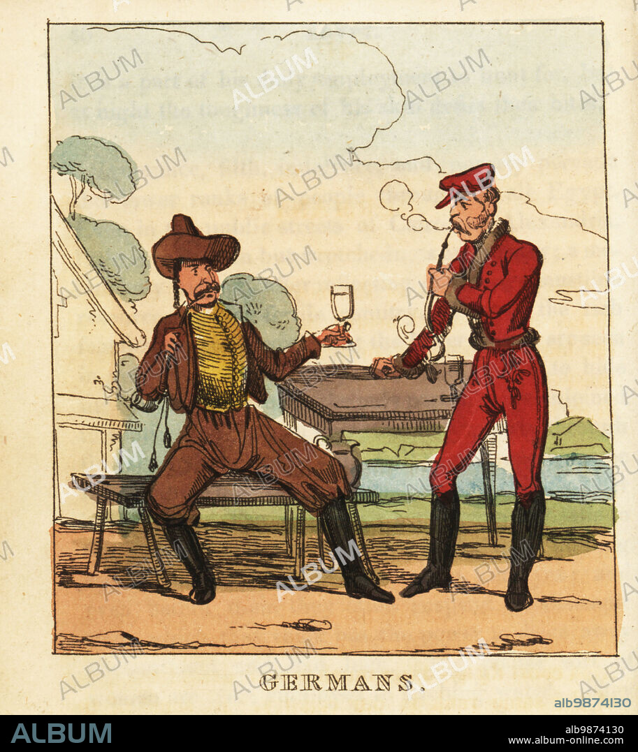 German men drinking beer at an inn, 19th century. Both in hats, short jackets with fur trim, waistcoats, breeches and boots. They both smoke Meerschaum tobacco pipes. Handcoloured copperplate engraving from The World in Miniature, or Panorama of the Costumes, Manners & Customs of All Nations, John Bysh, London, 1825.