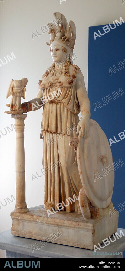 Marble statue of Athena. Found in Athens and known as the 'Varvakeion Athena'. The Varvakeion Athena is a Roman-era statue of Athena Parthenos now part of the collection of the National Archaeological Museum of Athens. It is generally considered to be the most faithful reproduction of the chryselephantine statue made by Phidias and his assistants, which once stood in the Parthenon. It is dated to 200-250 AD.