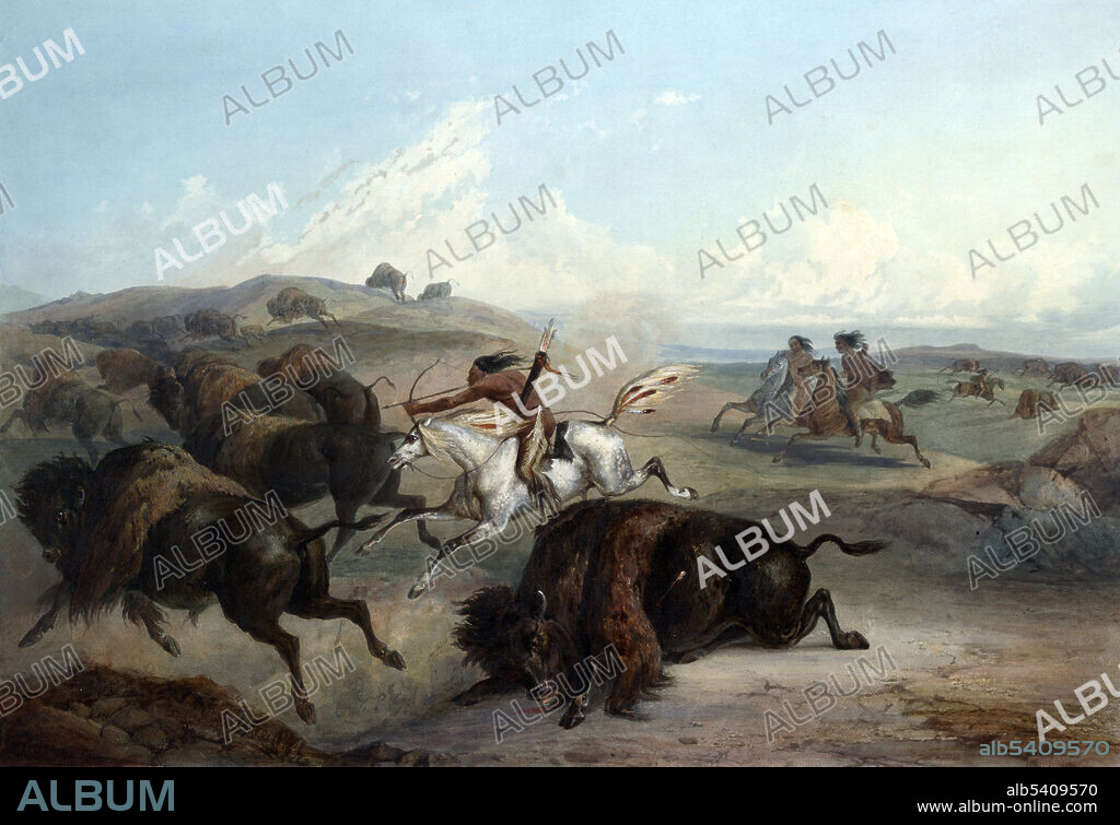 Bison hunting was an activity fundamental to the economy and society of the Plains Indians peoples who inhabited the vast grasslands on the Interior Plains of North America, prior to the animal's near-extinction in the late 19th century. Even a number of Indians west of the continental divide crossed the Rocky Mountains in traditional tribal hunts on the Northern Great Plains. Voyage dans l'interieur de l'Amerique du Nord, execute pendant les annees 1832-34. Karl Bodmer (February 11, 1809, October 30, 1893) was a Swiss printmaker, lithographer, painter, illustrator and hunter. He accompanied the German explorer Prince Maximilian zu Wied-Neuwied on his Missouri River expedition. Bodmer was hired as an artist to record images of cities, rivers, towns and peoples they saw along the way, including the many tribes of Native Americans along the Missouri River and in that region.