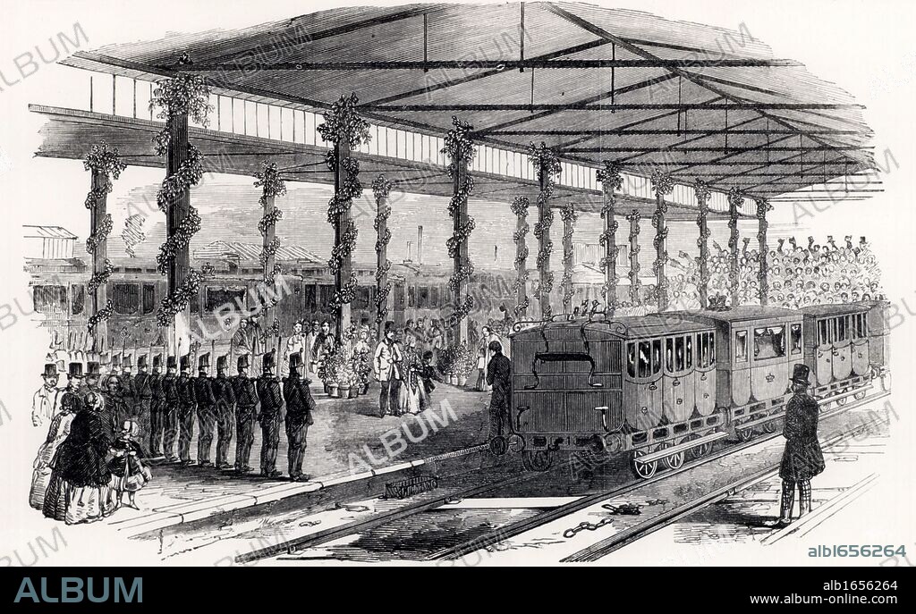 Queen Victoria changing trains at Gloucester, 1849. Isambard Kingdom Brunel (1806-1859) favoured the 7ft 1/4inch (2.2m) broad gauge and designed the Great Western Railway accordingly. However, in the Gauge Act of 1846 Parliament declared that all future railway track should be of the standard 4ft 8 1/2inch (1.44m) gauge introduced by George Stephenson (1781-1848) on the Liverpool & Manchester Railway.  It was not until 1892 that the last broad gauge track was lifted.  On her journey back to London from Balmoral the Queen changed from the standard gauge Midland Railway to the broad gauge Great Western Railway. From "The Illustrated London News". (London, 6 October 1849). (Photo by: Universal History Archive/UIG via Getty Images).
