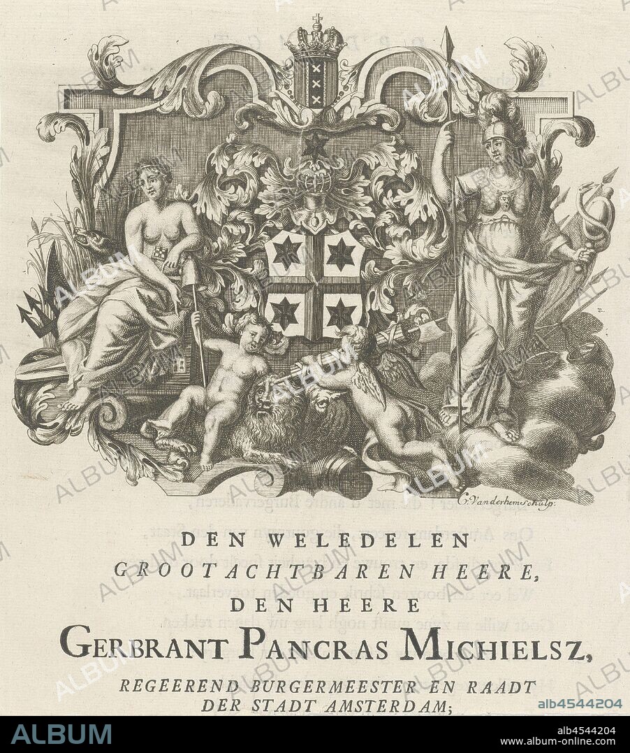 Coat of Arms of Gerbrand Pancras Michielsz Illustration in: Flavius Josephus, All Works, 1722, A family coat of arms with four stars flanked by Minerva and a seated female half-naked. At the bottom two putti with a lying lion. At the top the coat of arms of Amsterdam with a crown, armorial bearing, heraldry, angel (s) represented as child (ren), specific aspects, allegorical aspects of Minerva, Minerva as patroness, beasts of prey, predatory animals: lion, Amsterdam, Gerbrand Pancras Michielsz, Carel van der Hem (mentioned on object), c. 1707 - 1721, paper, engraving, h 270 mm × w 222 mm.