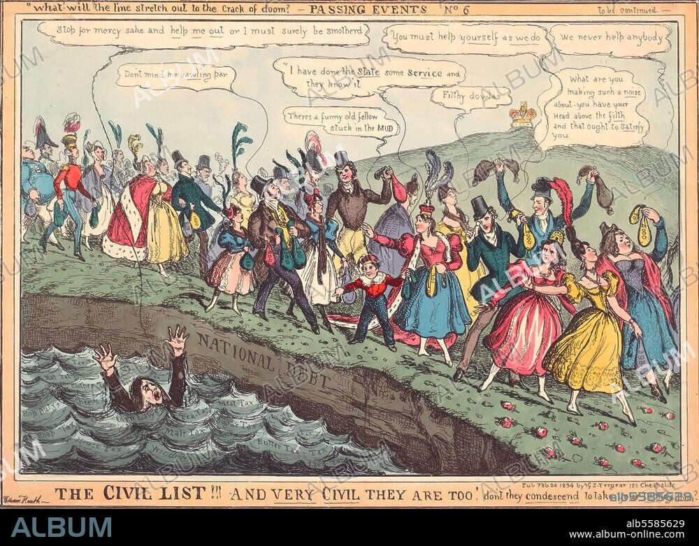 Wilhelm IV., König von Großbritannien und Irland, König von Hannover (1830-37); 1765-1837. "The Civil List!!! And very civil they are too! (..) ". Karikatur auf die Höhe der Zivilliste unter König Wilhelm IV. Radierung, 1834, koloriert, von William Heath (1795-1840). Berlin, Sammlung Archiv für Kunst und Geschichte.