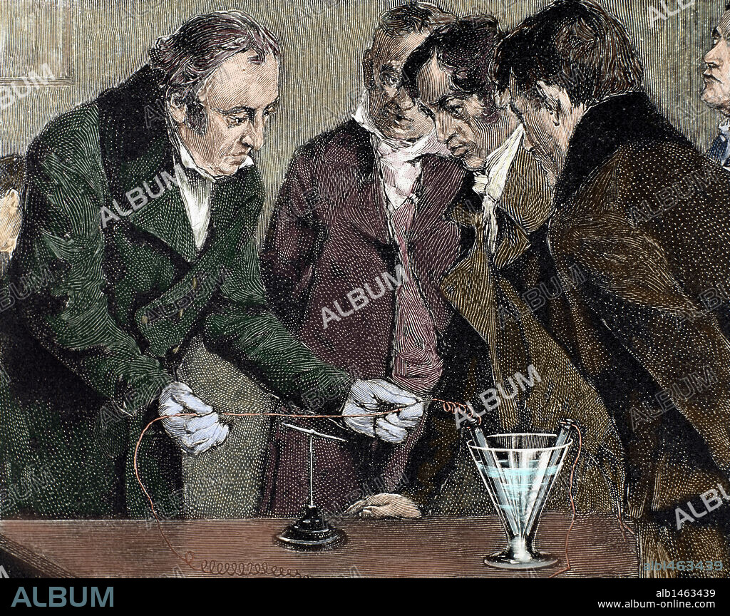 OERSTED, Hans Christian (Rudkobing,1777-Copenhague 1851). Físico danés. Su opinión, favorable a la unidad de las fuerzas naturales, le permitió predecir, en 1813, la existencia del fenómeno electromagnético, el cual no pudo verificar experimentalmente hasta 1820. "HANS CHRISTIAN OERSTED DESCUBRE EL ELECTROMAGNETISMO". Grabado coloreado.