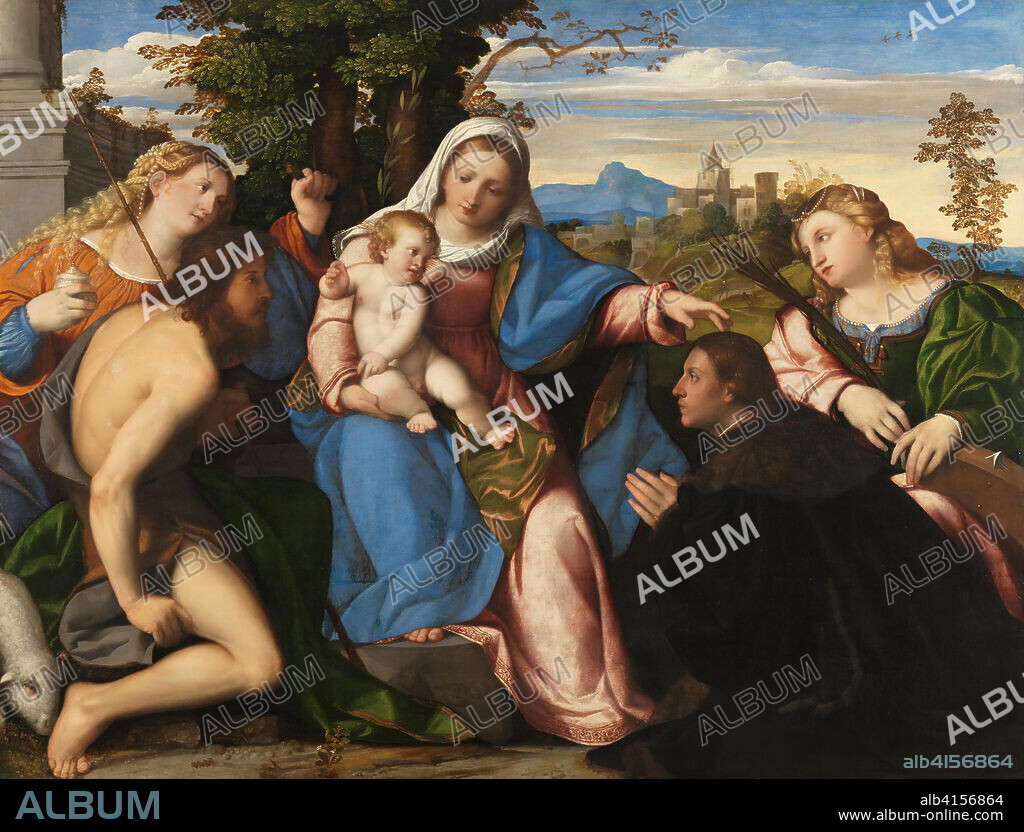 JACOPO PALMA THE ELDER. Palma Vecchio (Serina, 1479/80 - Venice, 1528). The Virgin and Child with Saints and a Donor (ca. 1518 - 1520). Oil on panel transferred to canvas. 105 x 136 cm.