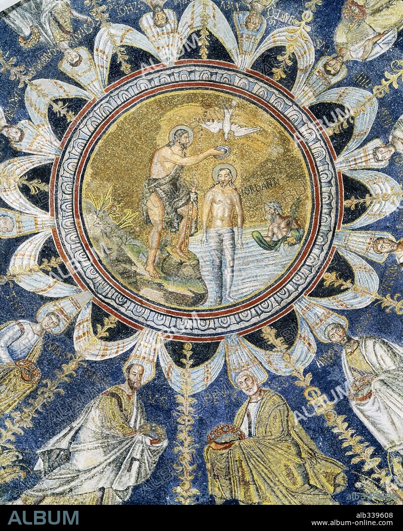 Mosaic in cupola of baptism of Christ by John Baptist in River Jordan in Neonian or Baptistery of Orthodox. Neonian Baptistery of Orthodox, Ravenna.