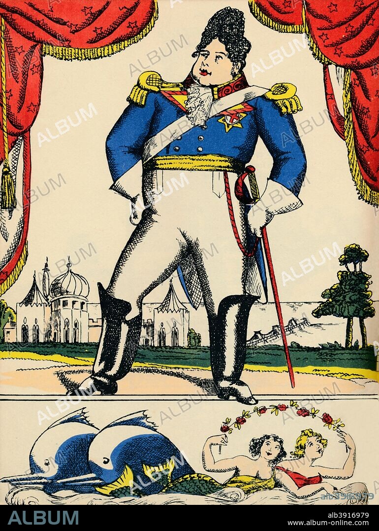 George IV, King of Great Britain and Ireland from 1820, (1932). George Augustus Frederick (1762-1830) ruled as Prince Regent from 1811 until his father George III died in 1820, then reigned as king in his own right as George IV until 1830. From Kings and Queens by Eleanor and Herbert Farjeon, illustrated by Rosalind Thornycroft [Victor Gollancz Ltd, London, 1932].