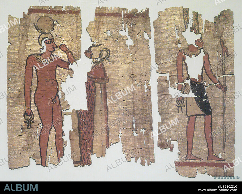 Illustrated Papyrus, Papyrus, pigment, ink, 4th-3rd century B.C.E., Early Ptolemaic Period, 37.1647Ea1: 13 9/16 × 6 9/16 in., 34.5 × 16.6 cm, Ancient Egypt, ankh, b.c.e., bull, bull headed, bull-headed, Deities, Eygptian, falcon, falcon headed, falcon-headed, figures, fragment, god, gods, Harpocrates, inscribed, Inscribed papyrus with figures of deities mounted in separate panels, mounted, new york historical society collection, nude, Osiris, panel, panels, papyri, Papyrus, period, pigment, profile, Ptah, Ptolemaic Period, Roman, sheet, sienna, staff, Thoth.