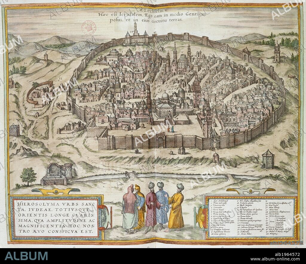 Jerusalem. Civitates orbis terrarum.. [Cologne] : [P. von Brachel?], [ca. 1600-1623?]. View of Jerusalem.  Image taken from Civitates orbis terrarum.  Originally published/produced in [Cologne] : [P. von Brachel?], [ca. 1600-1623?]. . Source: Maps.C.29.e.1, 54.