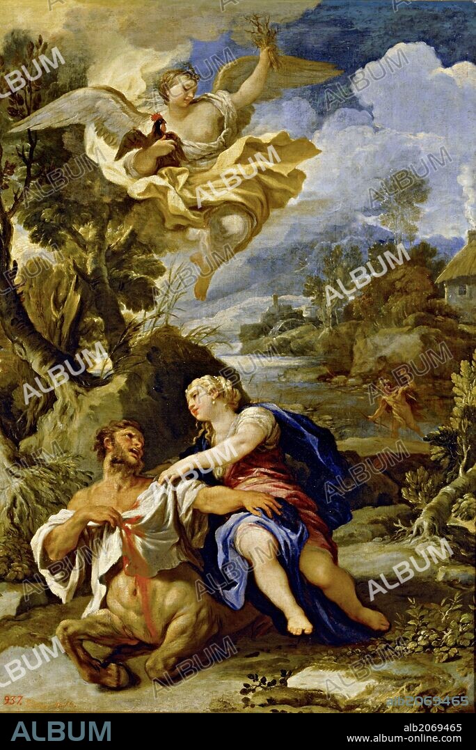Luca Giordano / 'Muerte del centauro Neso', Hacia 1697, Escuela Italiana, Óleo sobre Lienzo, 114 cm x 79 cm, P00193.