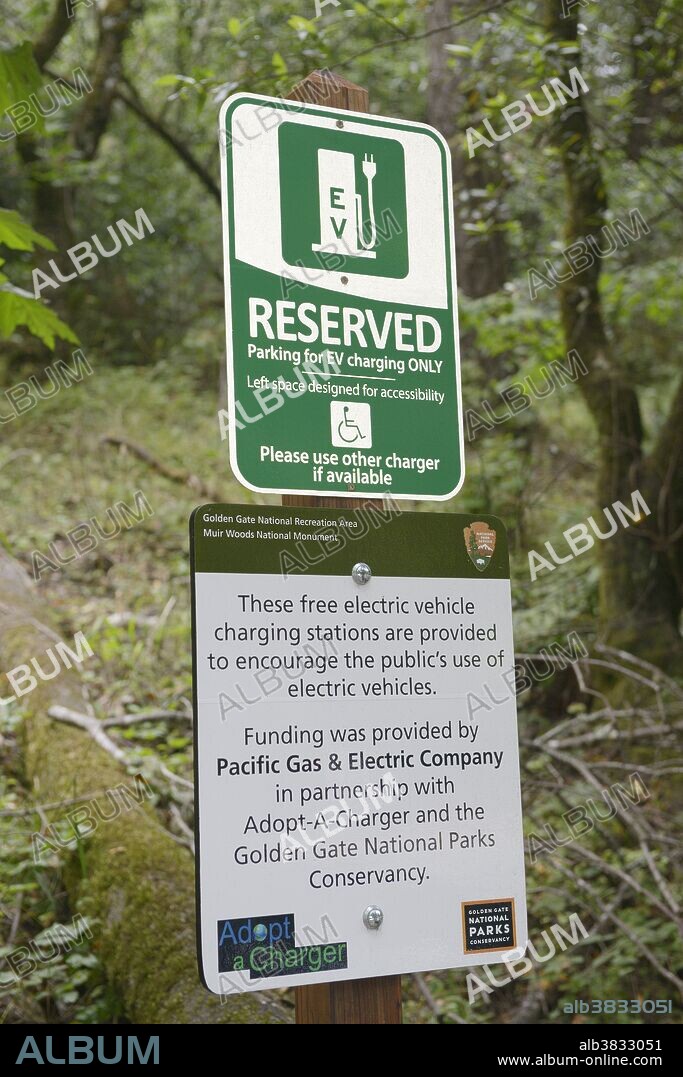 Electric car charging station. A free public electric car charging station at Muir Woods National Monument, Marin County, California.