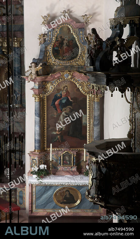Wittichen (Kaltbrunn, Schenkenzell, Black Forest, Baden-Württemberg, Germany), Wittichen Monastery (former Poor Clares monastery, founded in 1324 by the Blessed Luitgard, secularized in 1803), former monastery church, today Catholic parish church of All Saints (14th century, after fire of 1663 redesign of the nave and reconstruction of the choir in the 1680s, Baroque fittings mid-18th century), Right side altar (dated 1770). - Overall view of the right side altar with altarpiece "Vision of Saint Anthony of Padua", 1770, by Bernhard Melchior Eisenmann (1717-1772). - Photo, 2010.