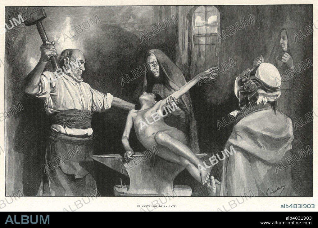 Le martelage de la rate. (Le forgeron guerisseur CHAZAL, apres plusieurs coups de marteau sur l'enclume, touche doucement la peau de l'enfant malade). Illustration de Gaston VUILLIER (1845-1915) pour son article Chez les magiciens et sorciers de Correze repris dans Le Tour du Monde de 1899. Credit : Collection Kharbine-Tapabor.