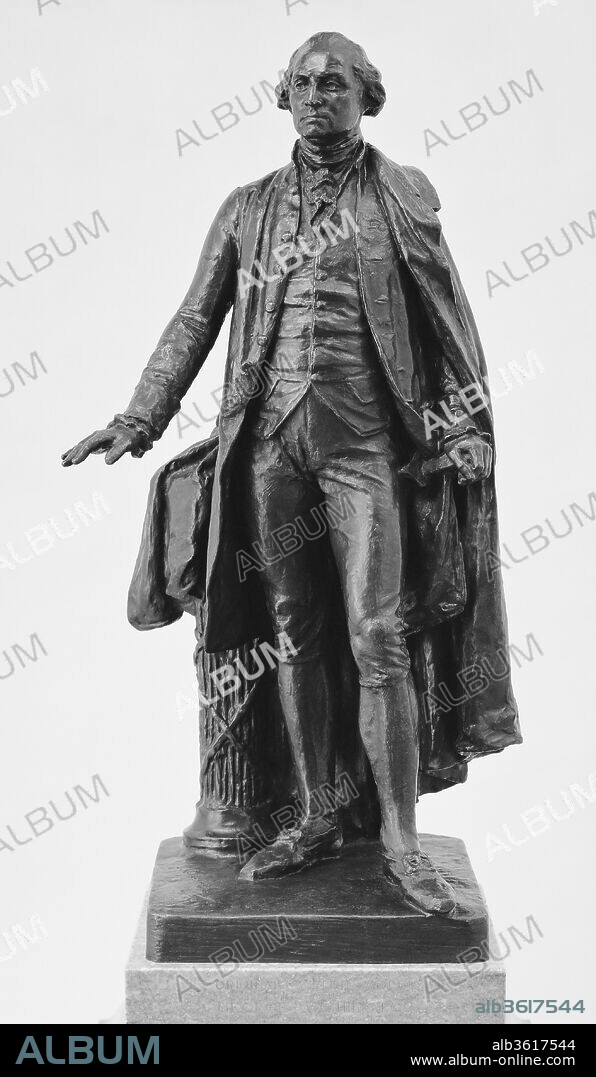 George Washington. Artist: John Quincy Adams Ward (American, Urbana, Ohio 1830-1910 New York). Dimensions: 23 3/4 x 12 3/8 x 10 in. (60.3 x 31.4 x 25.4 cm). Date: 1882; cast ca. 1911.
This statuette was cast after the final sketch model for Ward's monumental statue of George Washington (1732-1799), erected on the front steps of the old Sub-Treasury Building (now Federal Hall) at Wall and Broad Streets in New York City. The monument stands where Washington took his oath of office as the first president of the United States in 1789. Here, Washington is shown right after being sworn in, his right hand extended to the spot where the Bible would have been.