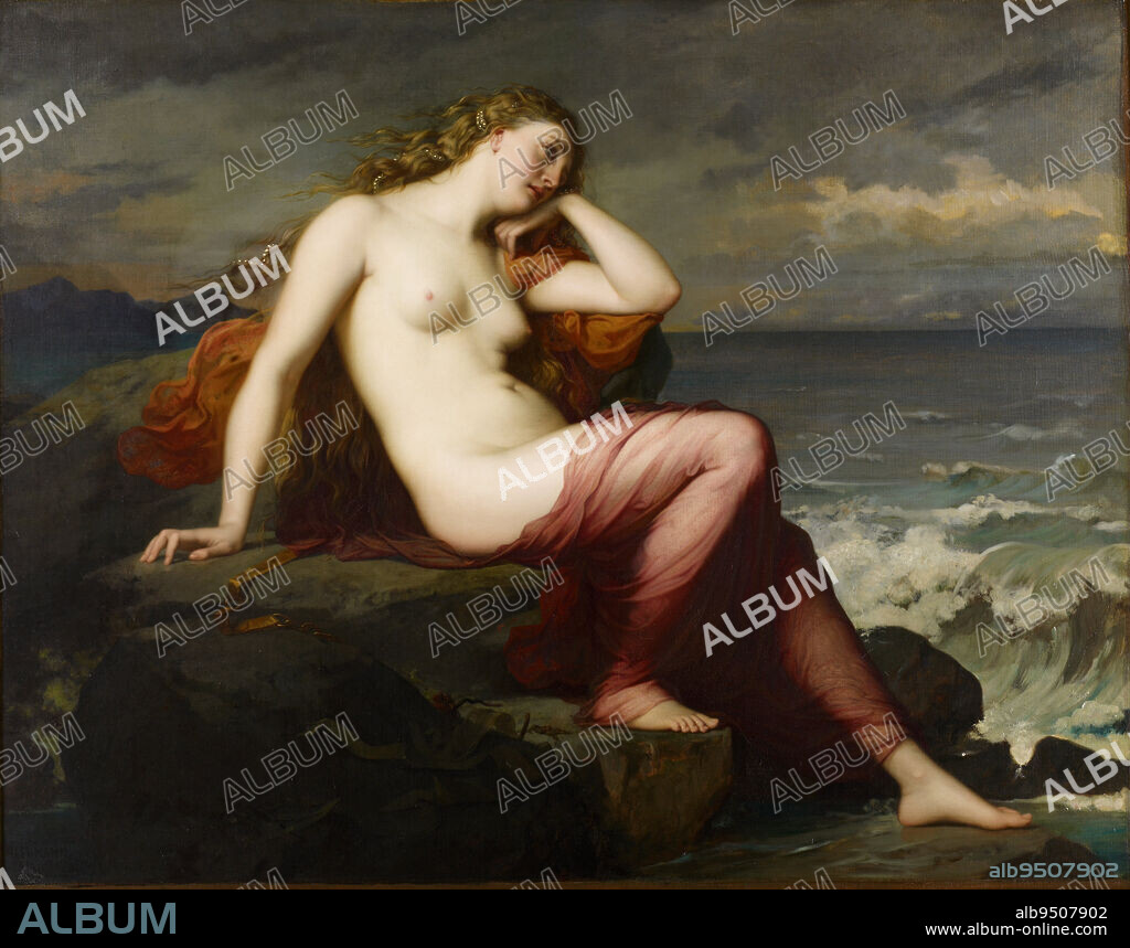 Calypso, 1869, Henri Lehmann, French, 1814 - 1882, 47 1/2 x 60 1/4 in. (120.7 x 153.0 cm), Oil on canvas, France, 19th century, The story of the beautiful nymph Calypso is told in Homer's 'Odyssey', an ancient Greek epic. Calypso lived on the island of Ogygia, where the shipwrecked hero Ulysses (Odysseus) drifted ashore. Plying Ulysses with luxuries, love, and offers of immortality, Calypso kept him with her for seven years. Finally the gods intervened and let him sail for home. Here, Calypso mourns Ulysses' departure, on the same shore where the homesick hero himself used to stare despondently out to sea.