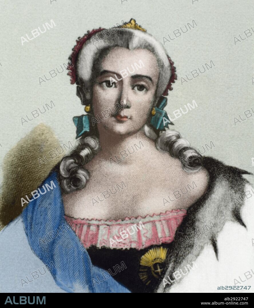 ISABEL PETROVNA (Kolomenskol,1709-San Petersburgo,1762). Zarina de Rusia (1741-1762). Su reinado significó una ruptura respecto al de su padre Pedro I: abolición de la pena de muerte, reorganización del comercio, empeoramiento del campesinado, medidas a favor de la nobleza y florecimiento cultural. Luchó contra Suecia y participó en la Guerra de los Siete Años. Grabado coloreado.