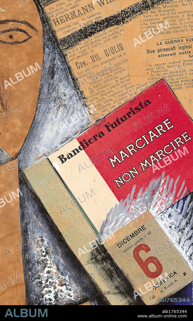 CARLO CARRÀ. Composition with Female Head, by Carlo Carr, 1915, 20th Century, watercolor and charcoal collage, cm 41 x 31. Russia, Moscow, Pushkin Museum. Detail. Head dailies papers calendar paper squares.  Please remember that author's rights have to be cleared for modern and contemporary works of arts.