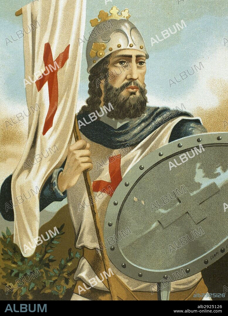 DON PELAYO (m. Cangas de Onís, Asturias. 737). Noble visigodo, caudillo de la rebelión asturiana (718-737) contra el poder musulmán y vencedor en la Batalla de Covadonga. Fue el primer monarca del reino de Asturias. Estampa del año 1875.