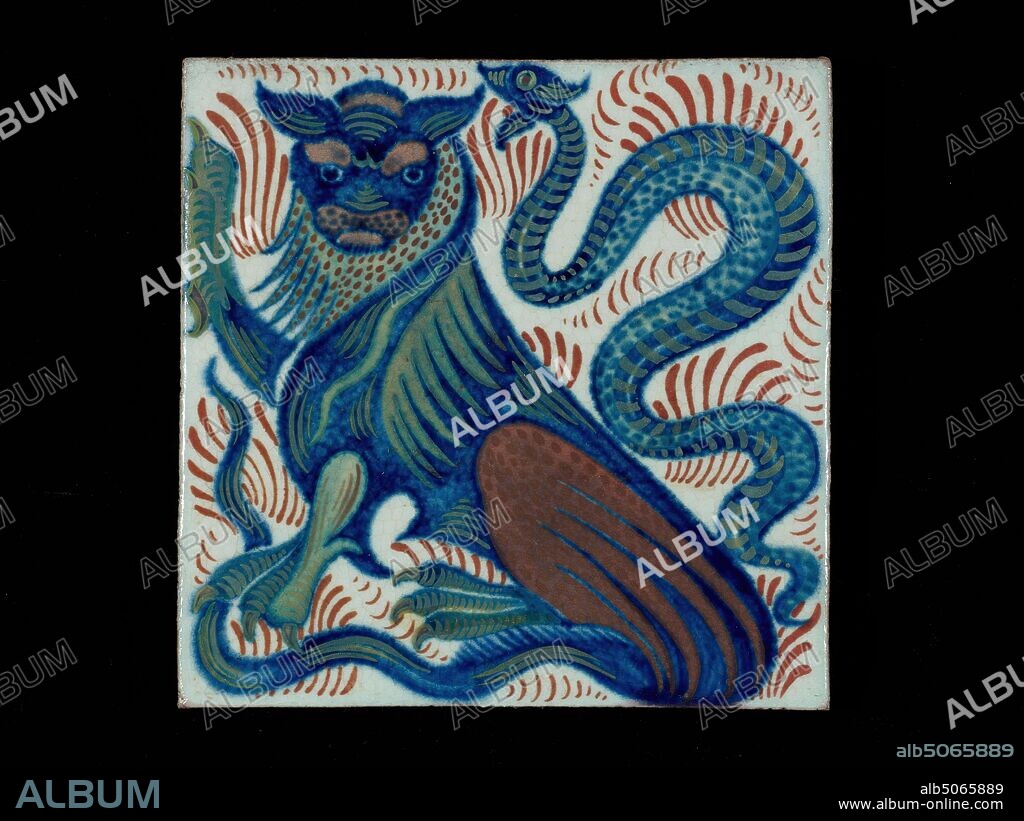 Grotesque animal Wall Tile, William de Morgan Collection, 1899-1907 Designer: William de Morgan, Applied Arts, Earthenware, Pottery, Ceramics, SerpentPre-Raphaelite, Tile, Animal, snake.