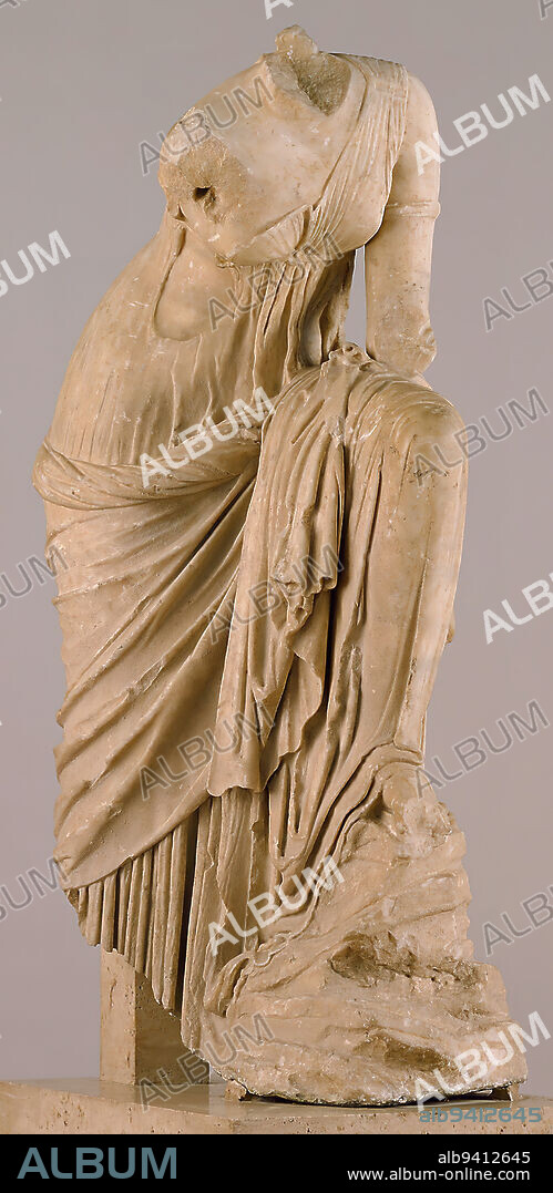 The Tiber Muse, 2nd-1st century BCE, 47 x 13 x 24 in. (119.38 x 33.02 x 60.96 cm), Marble, Italy, 2nd-1st century BCE, Although discovered in the vicinity of the Tiber river in Rome in 1885, the style of this statue's drapery suggests that it originated in a workshop in Greece or Asia Minor. The Roman importation and copying of Greek sculpture are well documented, from the time of the Roman conquests of Greeks territories in the third century B.C. and throughout the imperial era (27 B.C.-about 395 A.D.). The public exhibition of Greek spoils encouraged Romans to collect Greek art and commission new works in similar styles. Displaying statuary of Greek origin or appearance eventually became a mark of one's social status and education.