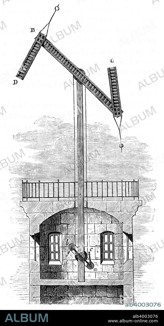 Sectional view of a telegraph tower for Claude Chappe's semaphore, 1792, (c1870). Chappe's (1763-1805) system was in use in France and French colonies until about 1850. Every 5 to 10 miles men in a repeater tower read the message through a telescope, then relayed it to the next tower. From Les Merveilles de la Science by Louis Figuier. (Paris, c1870).