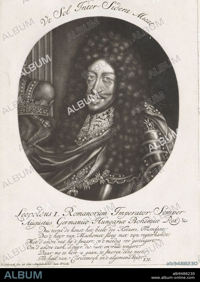 Portrait of Leopold I, Emperor of the Holy Roman Empire, Archduke of Austria and King of Hungary He wears armor and has around his neck a chain with the order sign of the Golden Fleece Next to him is the imperial crown, Portrait of Emperor Leopold I Portraits of sovereigns and their coats of arms Leopoldo I Magno SRI Imperatori Semper Augusto on object, print maker: Pieter Schenk (I), (mentioned on object), Jan Norel, (mentioned on object), publisher: Pieter Schenk (I), (mentioned on object), Amsterdam, 1690 - 1713, paper, engraving, h 185 mm × w 138 mm.