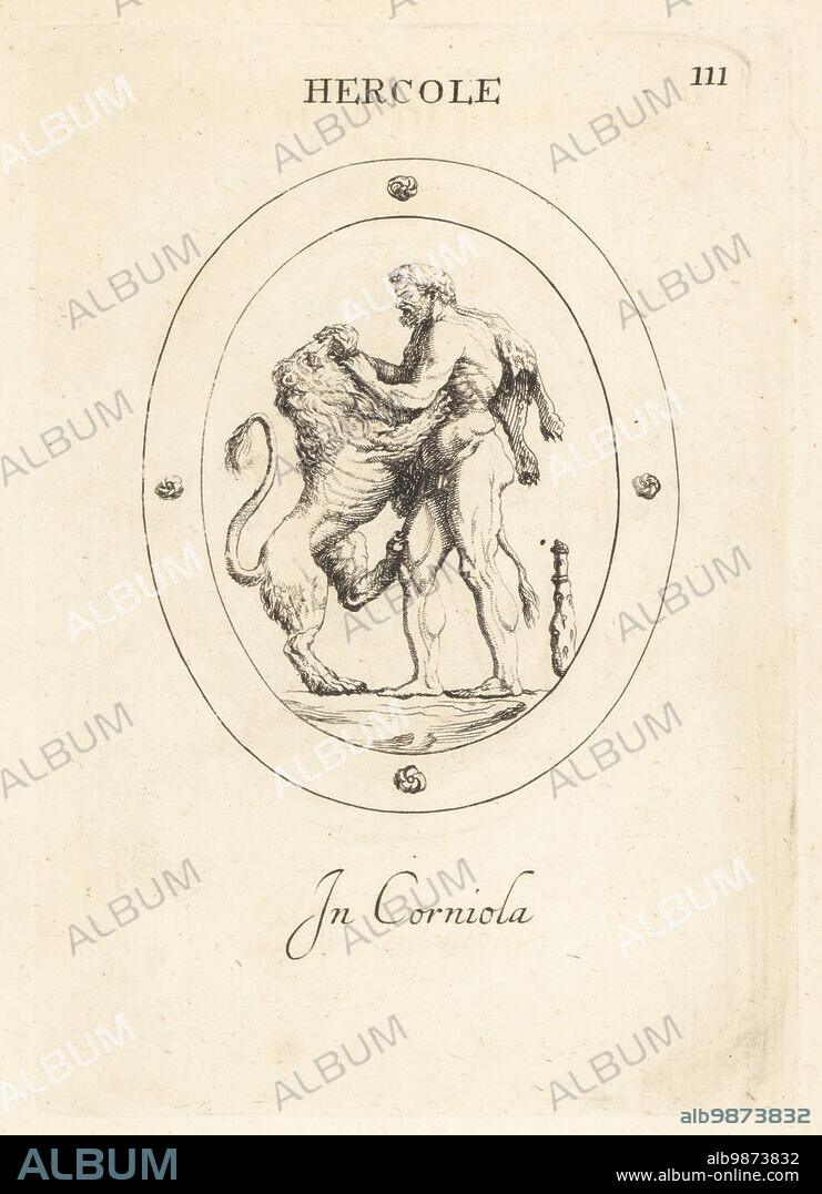 Heracles strangling the Nemean lion. He wears the skin of a previoualy killed lion that had devoured his father's herd, with club. In carnelian. Hercole Leontophamos. In corniola. Copperplate engraving by Giovanni Battista Galestruzzi after Leonardo Agostini from Gemmae et Sculpturae Antiquae Depicti ab Leonardo Augustino Senesi, Abraham Blooteling, Amsterdam, 1685.